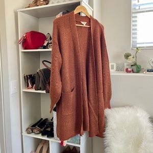 Orange Pocketed Cardigan With Popcorn Sleeves 3X